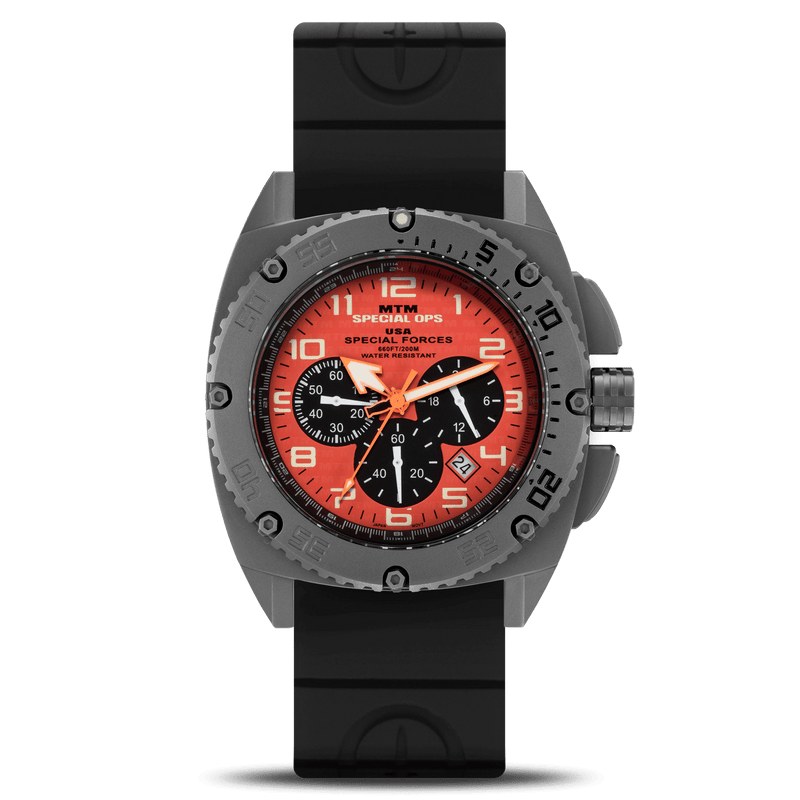 MTM Grey Patriot - titanium case, orange high-visibility dial, 200m water resistance, Swiss quartz chronograph