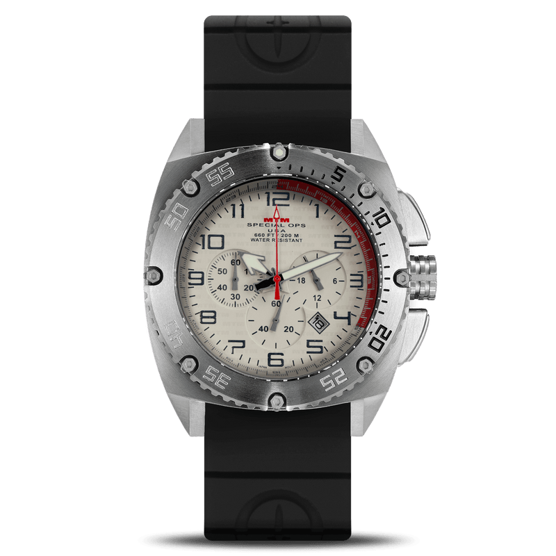 MTM Silver Patriot - 316L stainless steel dive watch, Swiss quartz chronograph, 200m water resistance, sapphire crystal