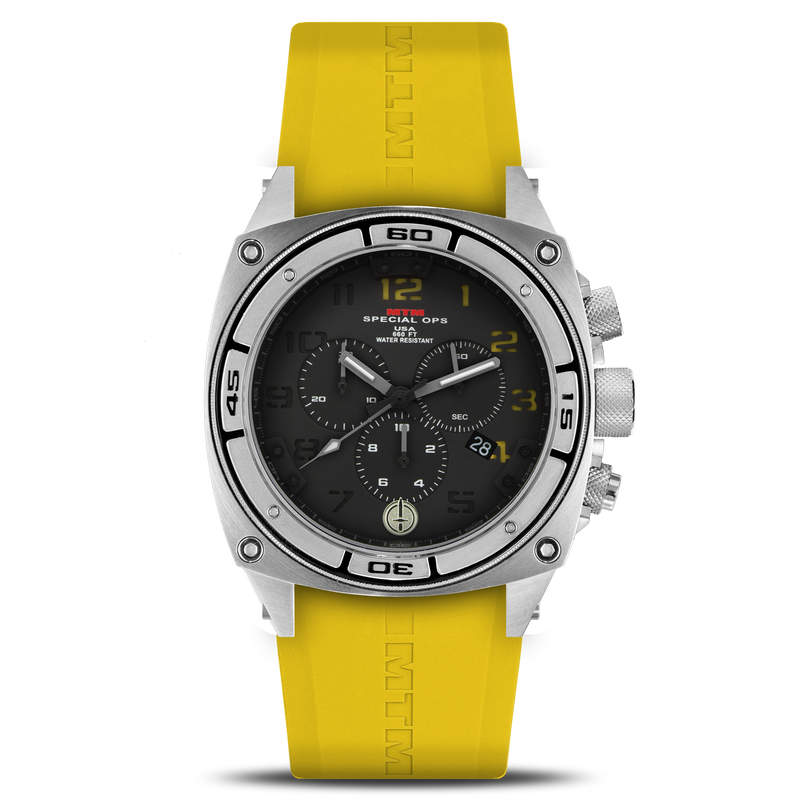 MTM Silver Predator II - tritium tube hands, titanium case, Swiss quartz chronograph, 200m water resistance, locking pushers